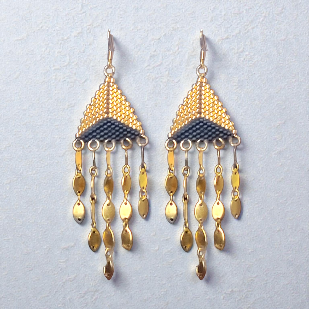 Black and Gold Beaded Fringe Earrings