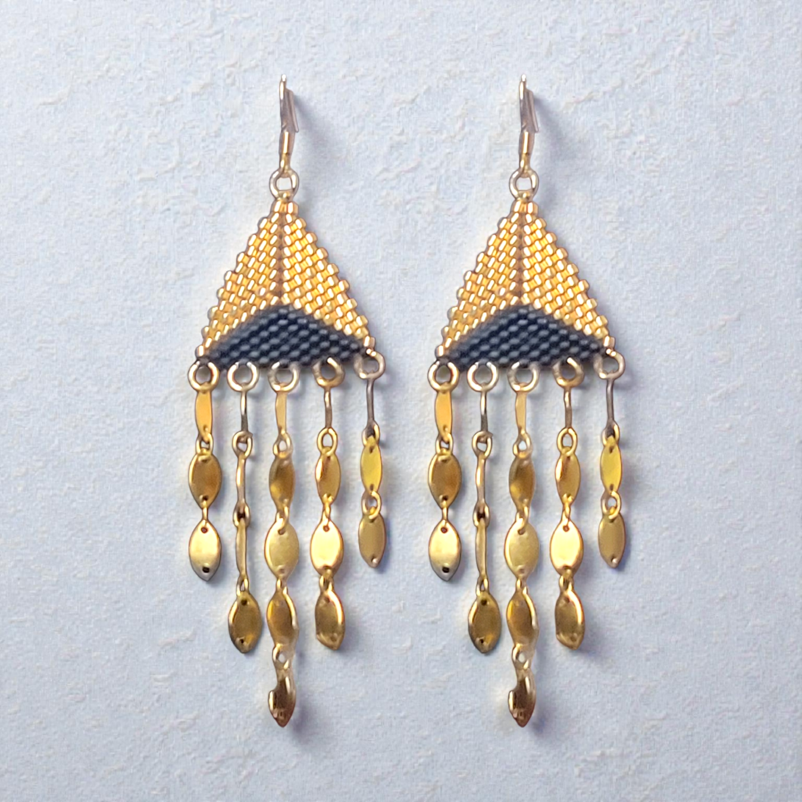 Black and Gold Beaded Fringe Earrings