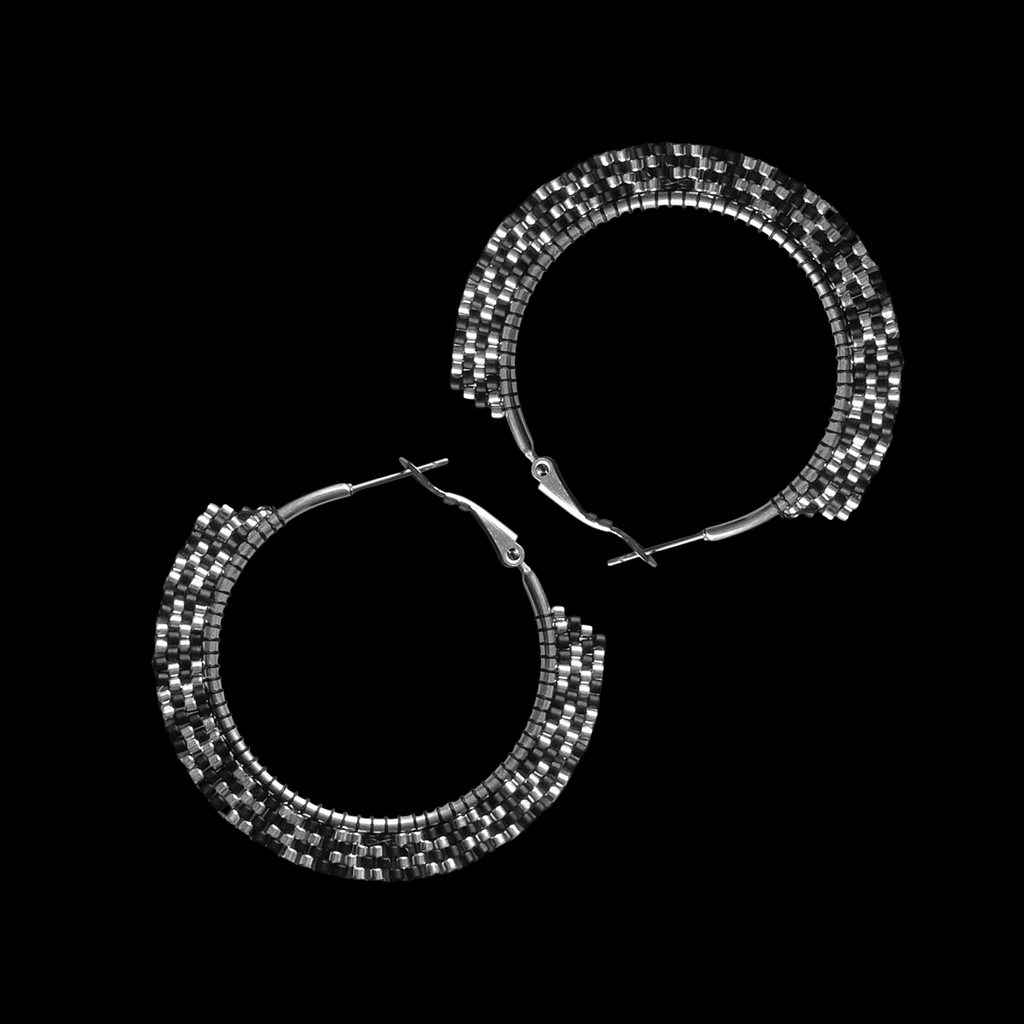 Black and Silver Beaded Hoop Earrings
