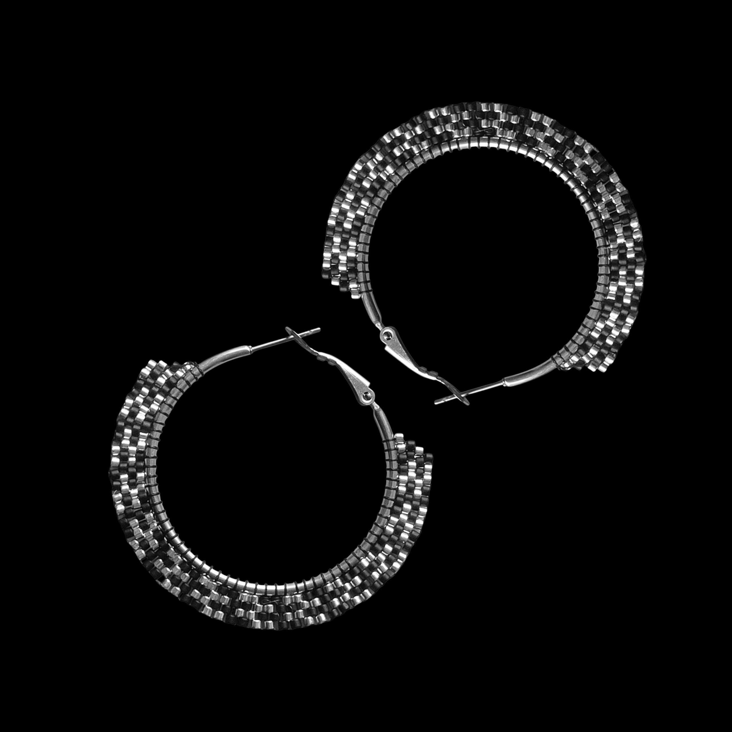 Black and Silver Beaded Hoop Earrings