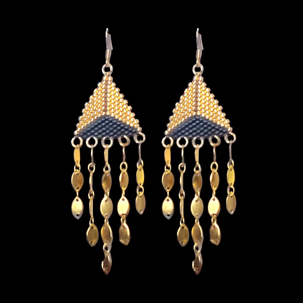 Black and Gold Beaded Fringe Earrings