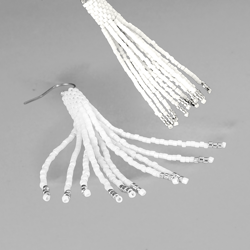 White Beaded Tassel Earrings