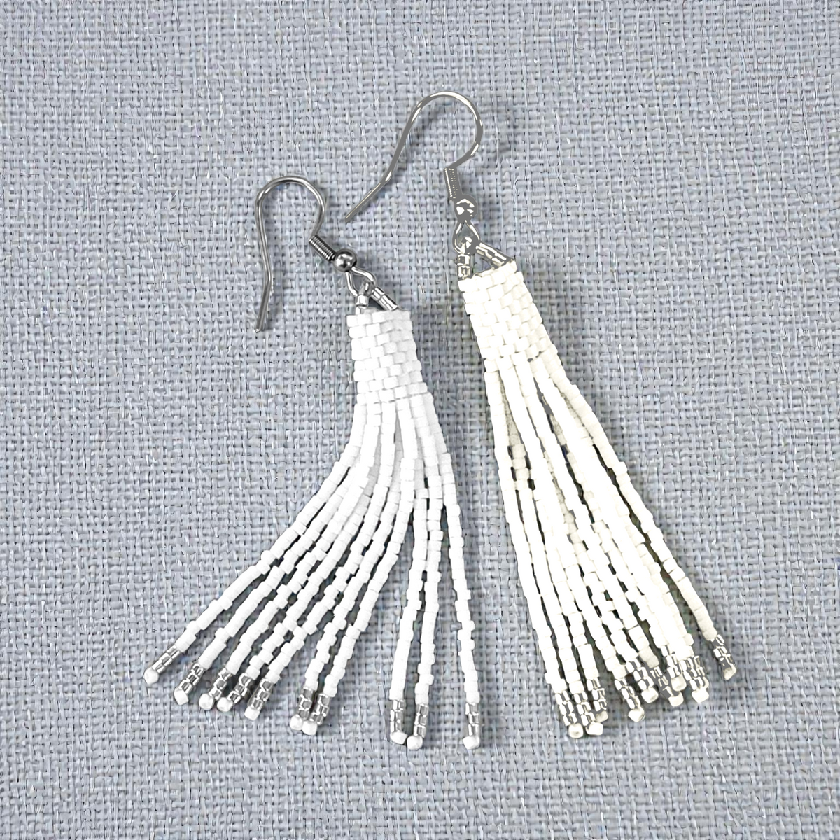White Beaded Tassel Earrings