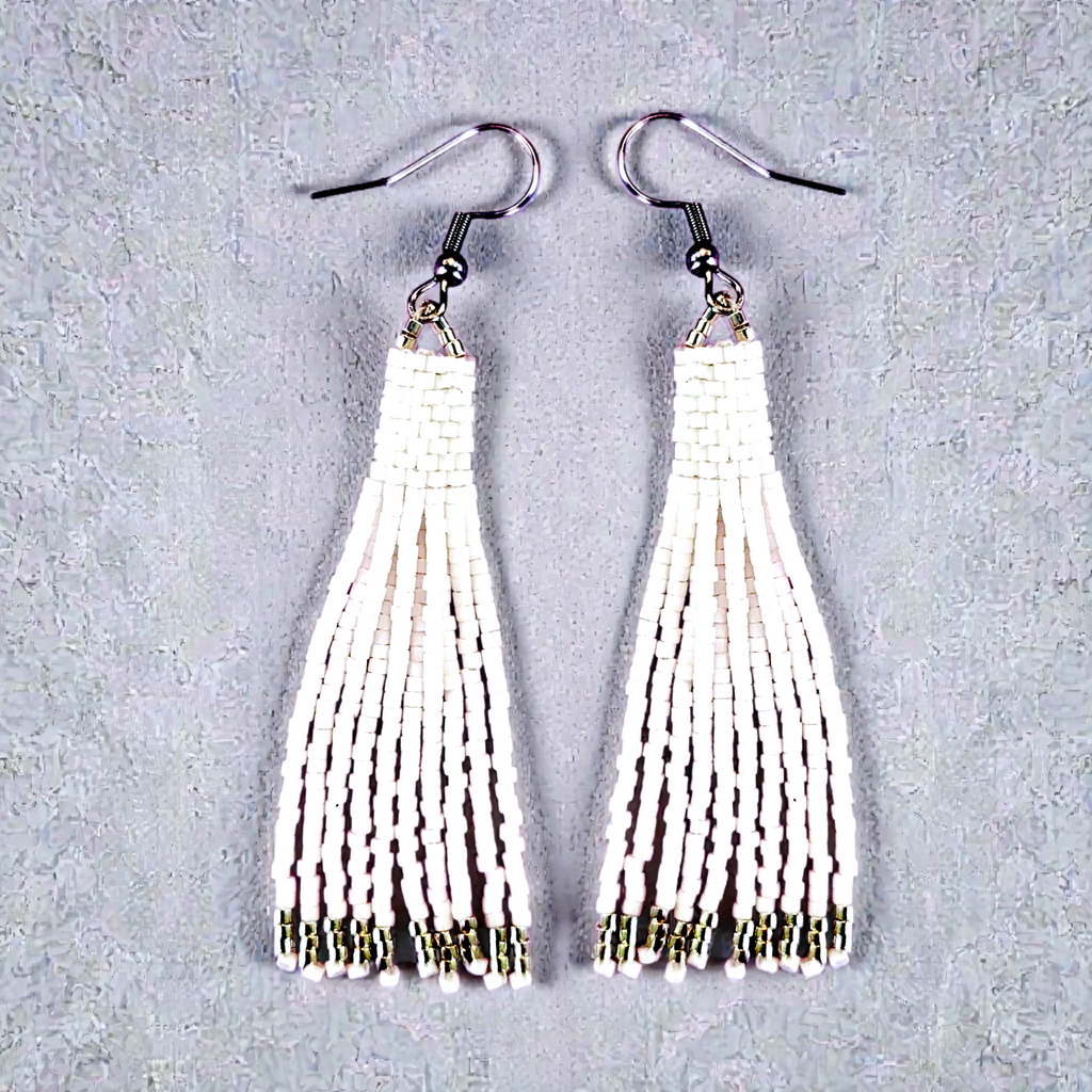 White Beaded Tassel Earrings
