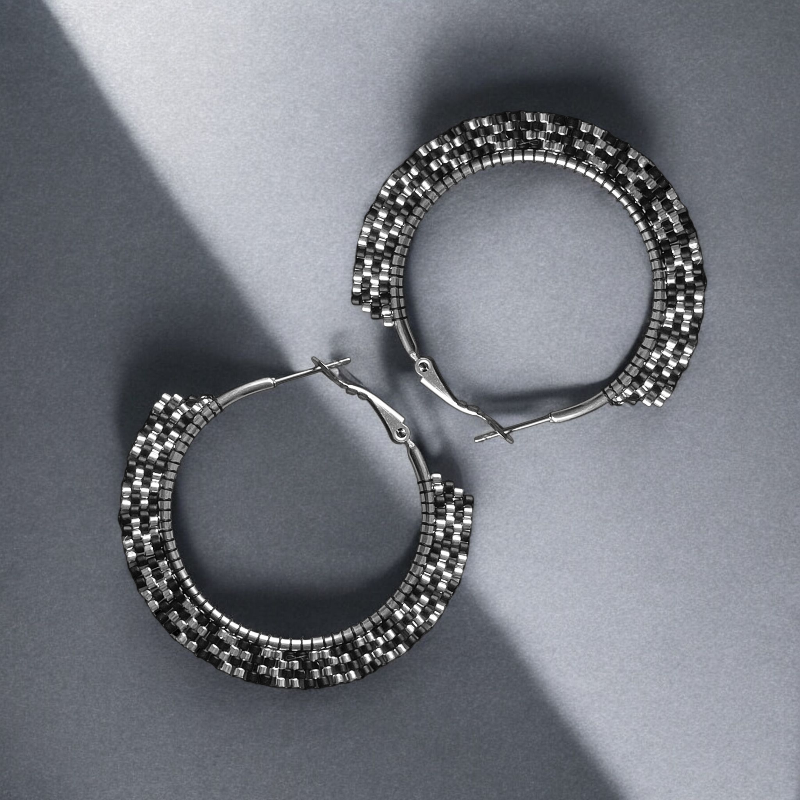 Black and Silver Beaded Hoop Earrings