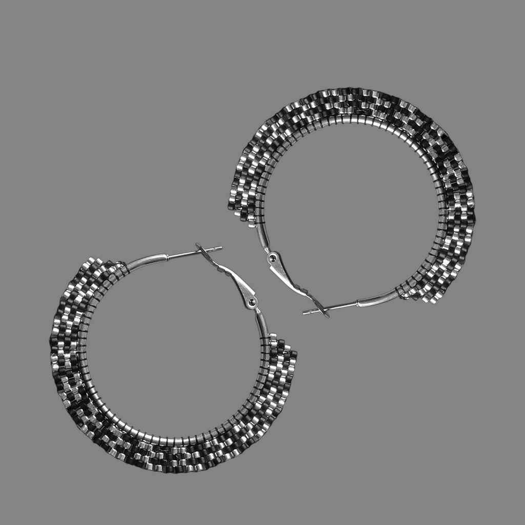 Black and Silver Beaded Hoop Earrings