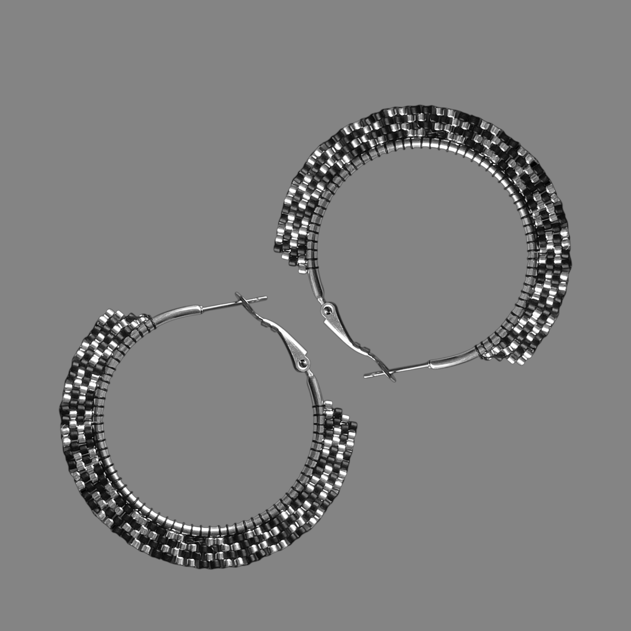 Black and Silver Beaded Hoop Earrings