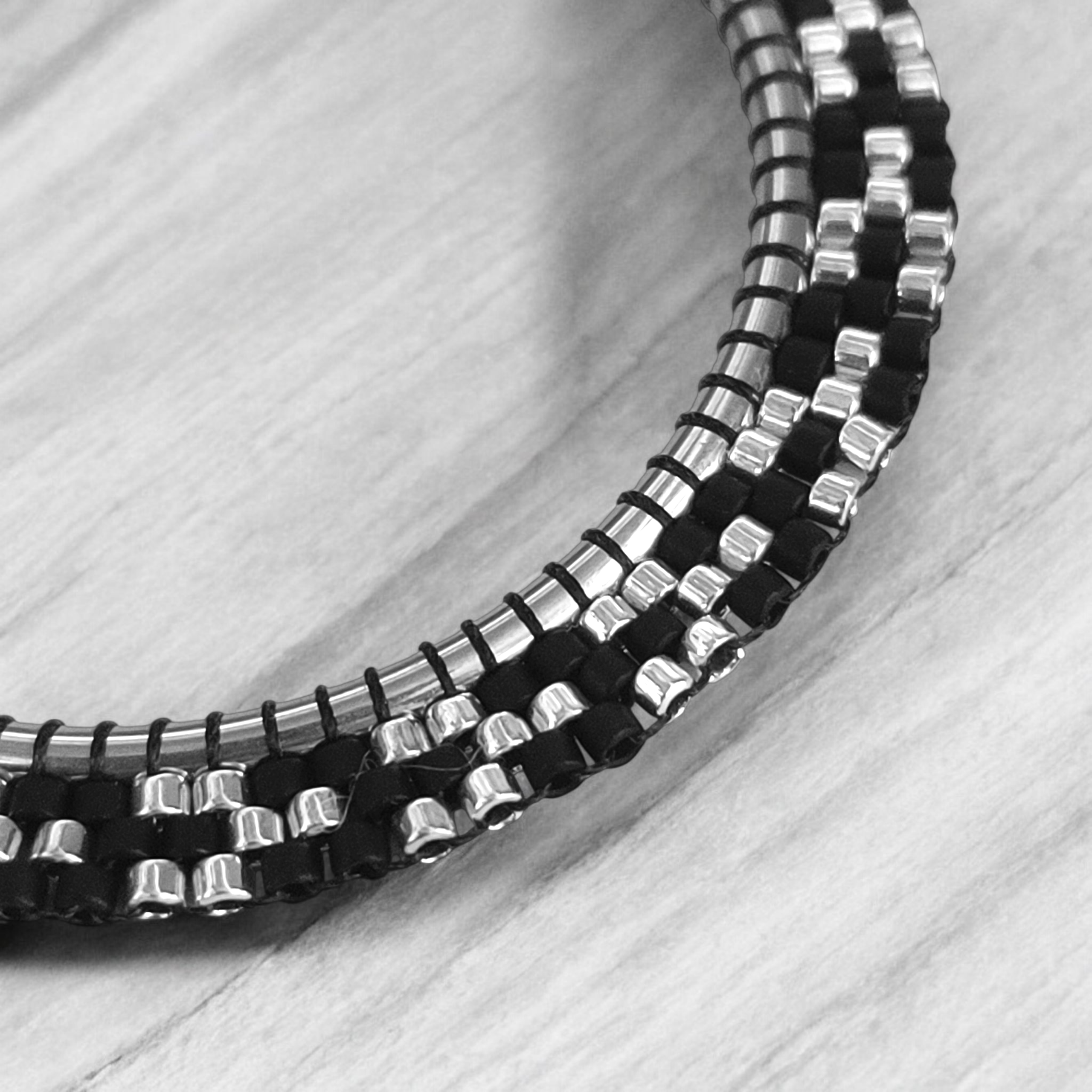 Black and Silver Beaded Hoop Earrings