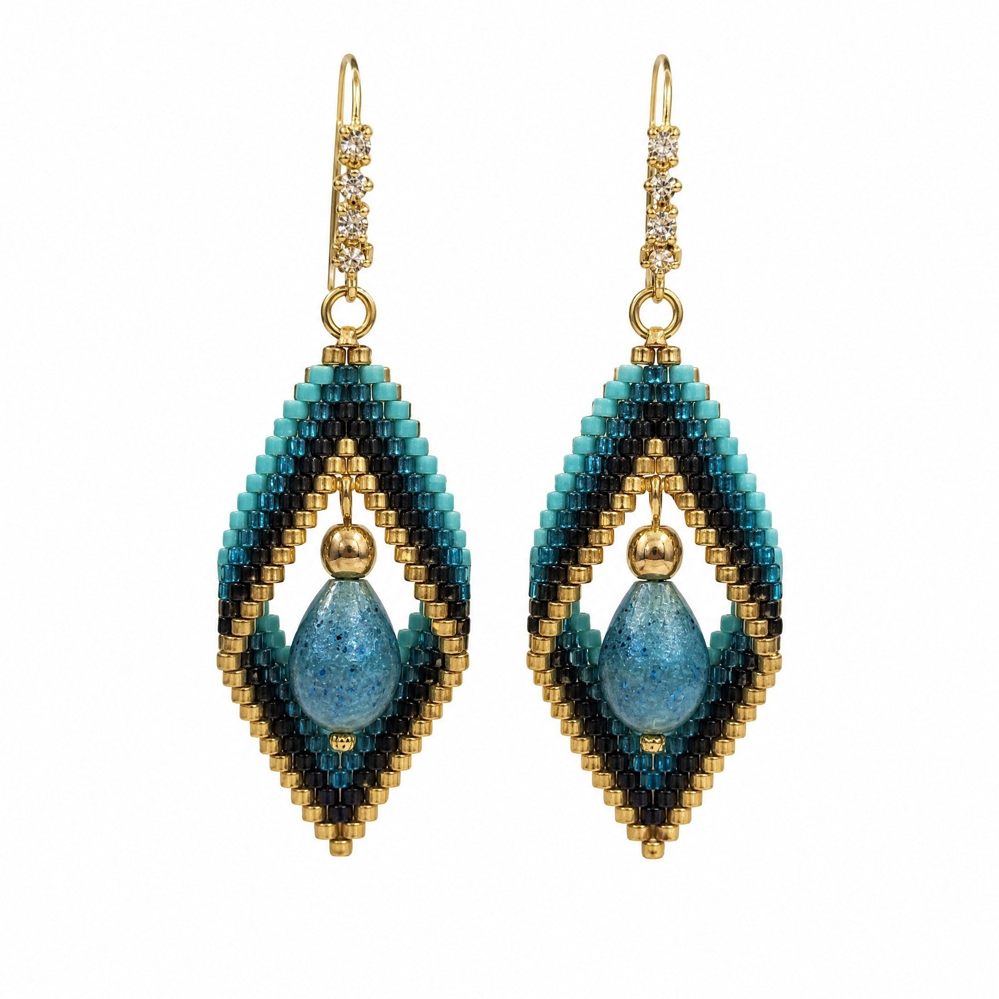 Beaded Blue and Gold Earrings